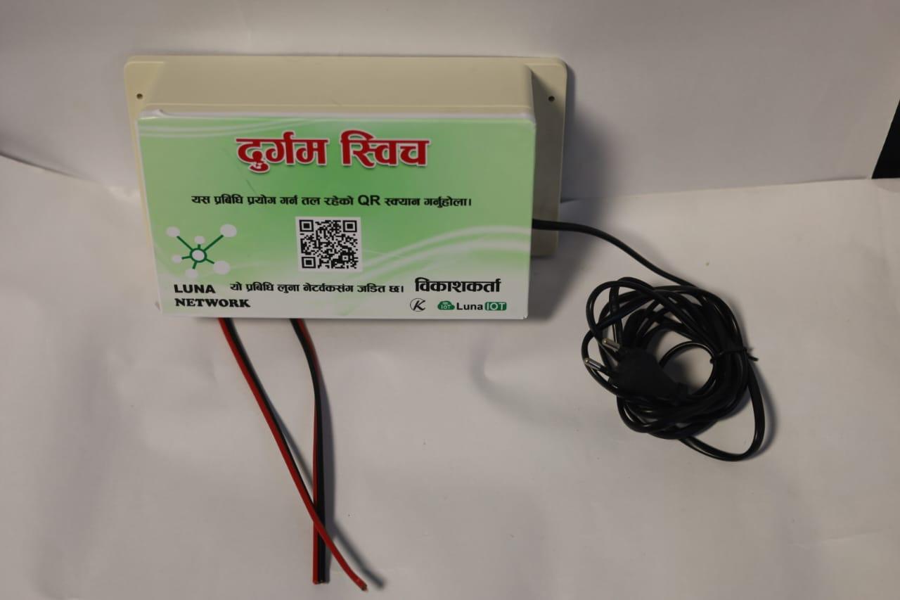 Flat top view of a Luna Network smart switch device showing the QR code scan area and power cord bundle.