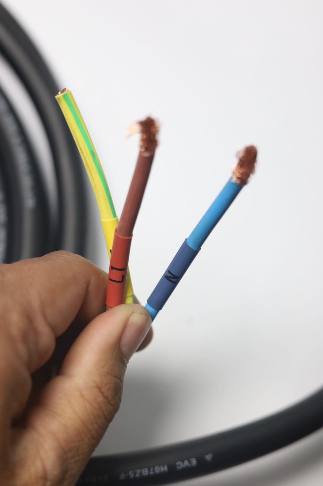 Stripped copper wiring harness showing live, neutral, and ground leads for EV charging station installation.