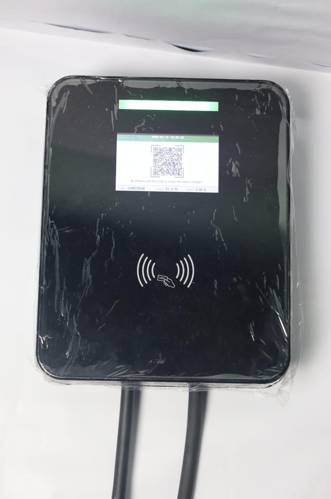 Smart EV charging station display showing dynamic QR code scan interface and RFID card tap area.