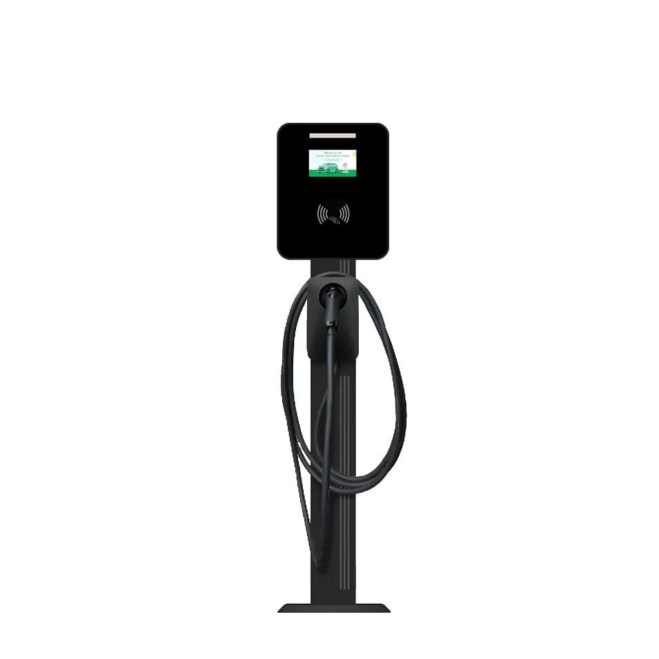 Pedestal-mounted 7.2 kW AC electric vehicle charging station with neatly wrapped cable management.