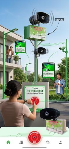 Smart Community emergency alert post equipped with physical SOS panic buttons, loud sirens, surveillance cameras, and mobile app notifications.