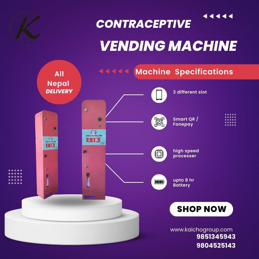 Smart contraceptive vending machine features infographic highlighting QR payment, battery backup, and 3-slot dispenser specs.