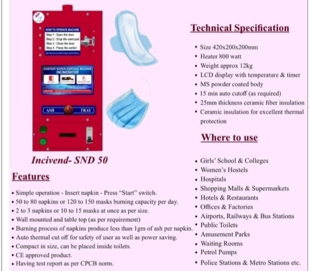 Product specification infographic for the Incivend SND 50 sanitary napkin disposal machine detailing technical features and burning capacity.