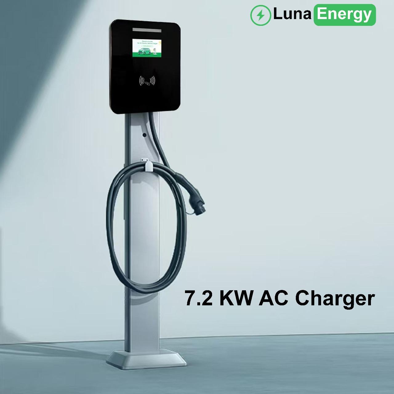Luna Energy 7.2 kW AC floor-standing EV charger post with integrated cable holster and digital display screen.