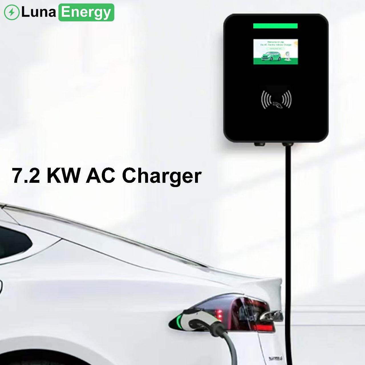 Luna Energy 7.2 kW AC wallbox charger connected to an electric vehicle.
