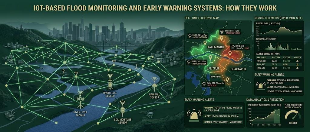 Infographic demonstrating IoT-based flood monitoring and early warning systems, showing connected river sensors, real-time risk mapping, and predictive telemetry analytics.