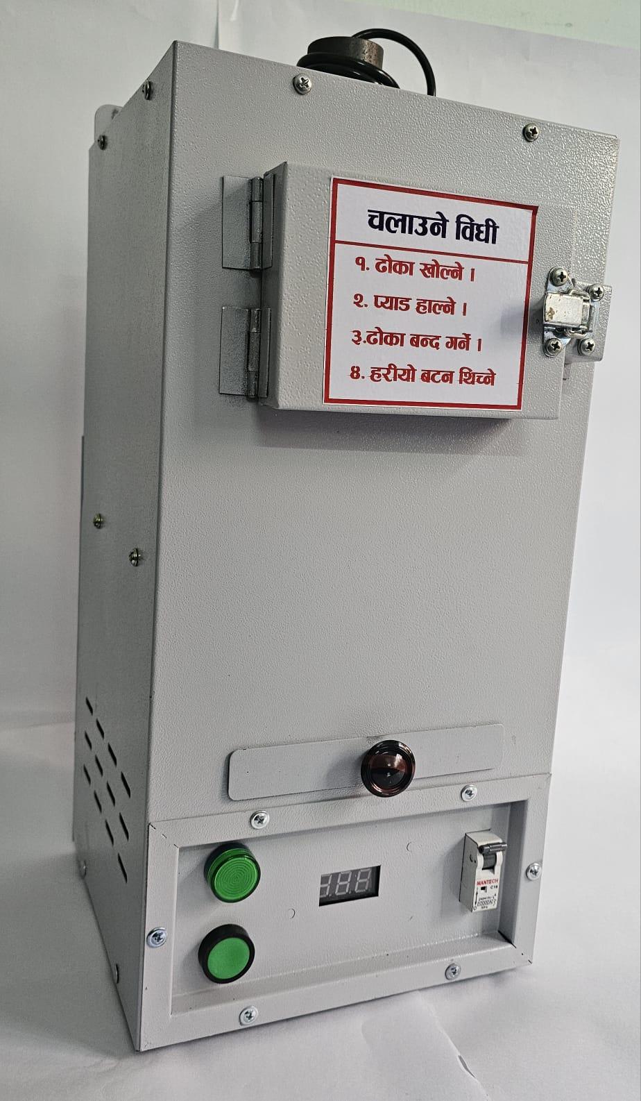 Electric sanitary pad incinerator featuring a digital display, power control buttons, safety switch, and printed Nepali operating instructions.